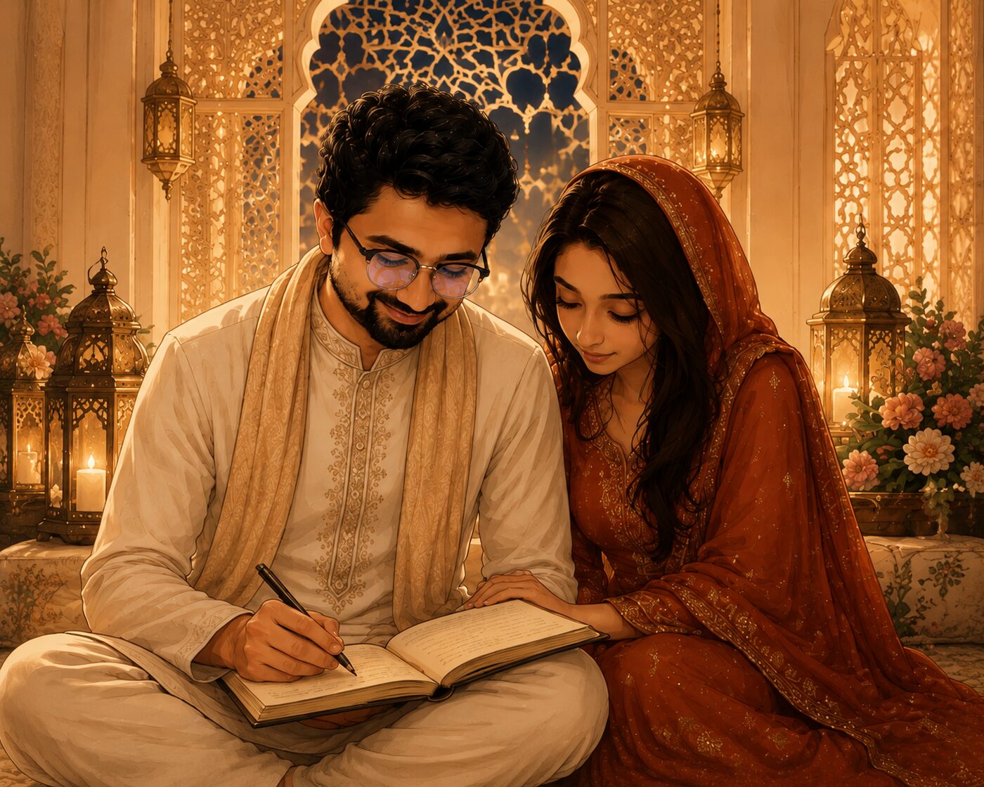Illustration of Abu and Aafrin seated together, signing the nikahnama by lantern light.