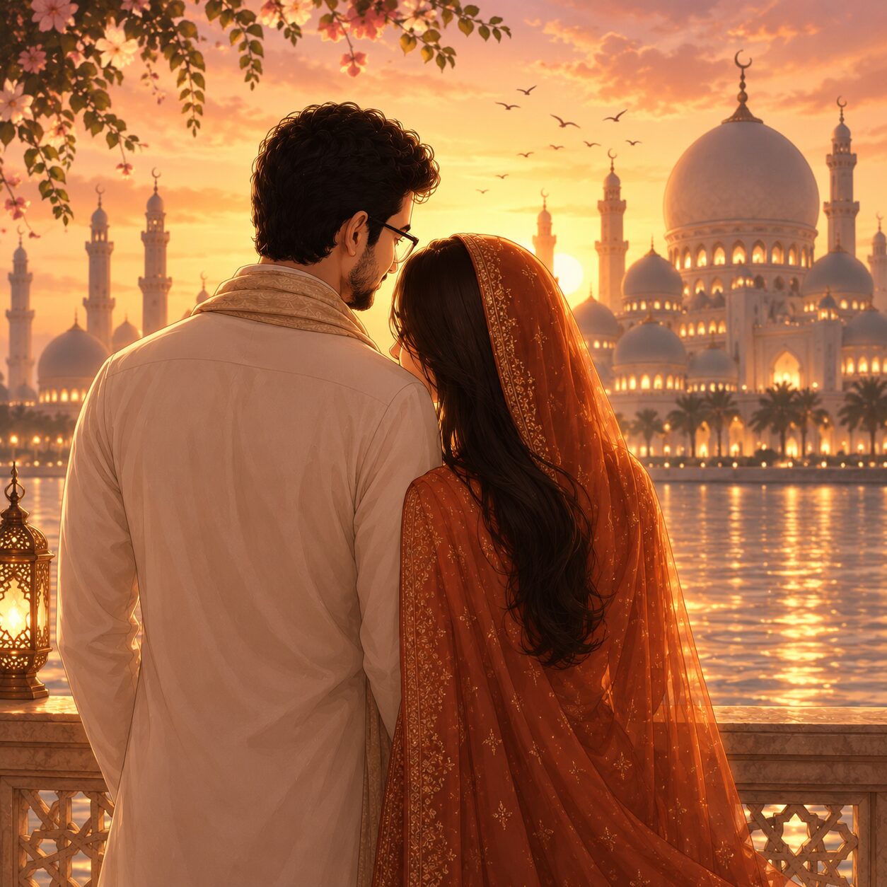 Illustration of the couple standing side by side at sunset, looking out over the water towards a lit mosque.